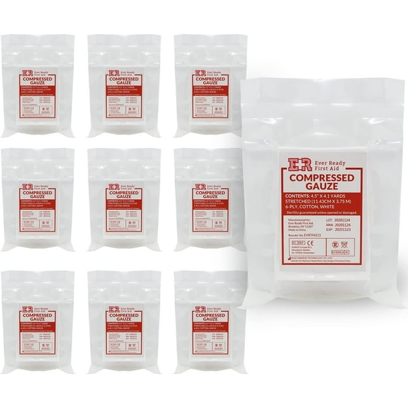 Ever Ready First Aid Compressed Sterile Gauze, 6-Ply Emergency Medical Dressing for First Aid Kits 4.5 x 4.1 Yards - 10 Pack
