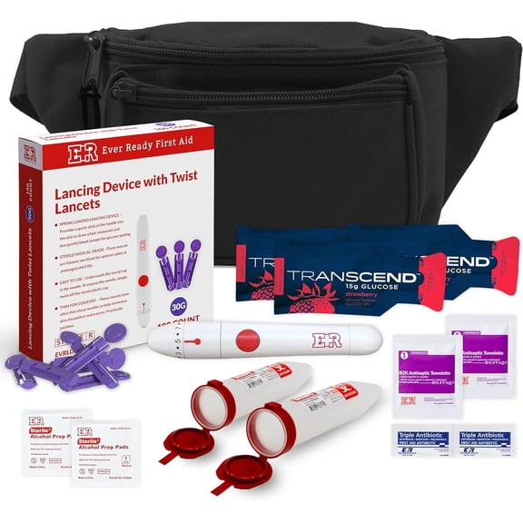Ever Ready First Aid Diabetic Fanny Pack Kit - Includes BZK Towelettes, Adhesive Bandages, Lancing Device, Sharp Container, Portable Emergency Supplies for Diabetes Care