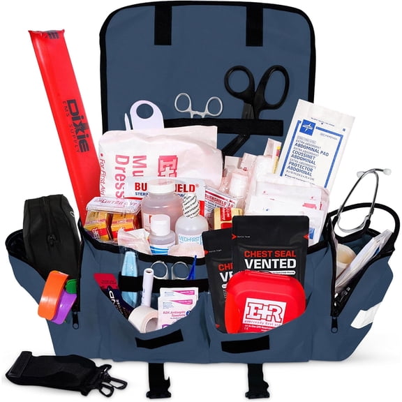 Ever Ready First Aid Fully Stocked EMT Trauma Bag – Tactical First Responder Medical Kit with Tourniquet, Chest Seals, Bleeding Control, Gauze, Shears & Bandages – Navy Blue