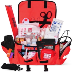 Ever Ready First Aid Fully Stocked EMT Trauma Bag – Tactical First Responder Medical Kit with Tourniquet, Vented Chest Seals, Hemostatic Gauze, Shears, Bandages & Bleeding Control Supplies – Red