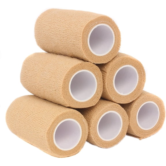 Self Adherent Cohesive Wrap Bandages, 4” x 5 Yards for First Aid, Sprains, Swelling, Sports, Pets, Tan – 6 Count
