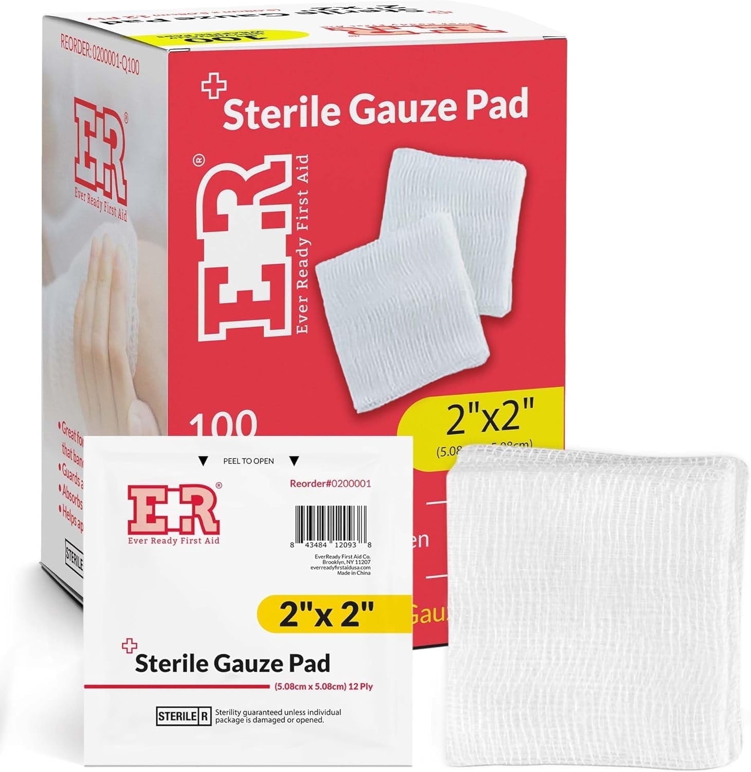 Ever Ready First Aid Sterile Gauze Pads, 2x2, 100/box
