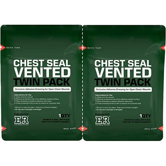 Ever Ready First Aid Vented Chest Seal with Quick Tear Twin Pack- 6.6” Square Occlusive Adhesive Dressing for Open Chest Wounds