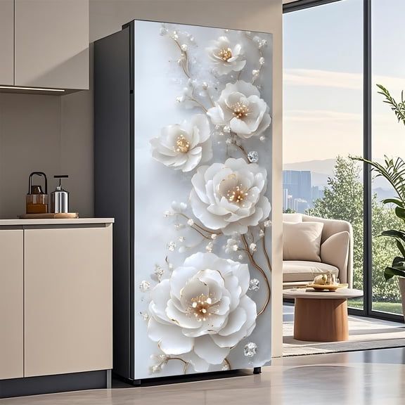 EverBrioly 32.3 x 78.7 Inch 3D White Flower Self-Adhesive Vinyl Refrigerator Wrap Set, 2-Piece Peel and Stick Removable Fridge Stickers Door Mural Decor for Kitchen, Bar, Office, and Home