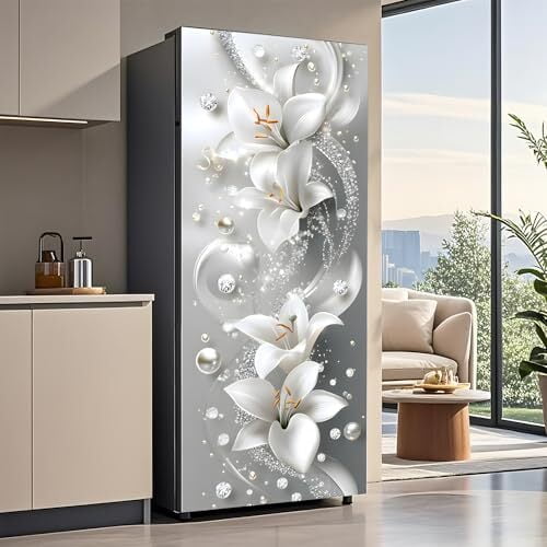 EverBrioly 3D White Lily Floral Refrigerator Wrap - Removable Peel & Stick Vinyl Fridge Door Mural, Waterproof Self-Adhesive Kitchen Decor Decal (32.3" x 78.7")