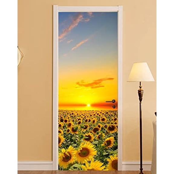 EverBrioly Door Decal Sticker Sunflower Peel and Stick Mural 36"x80" Split Panels Removable Wall Art