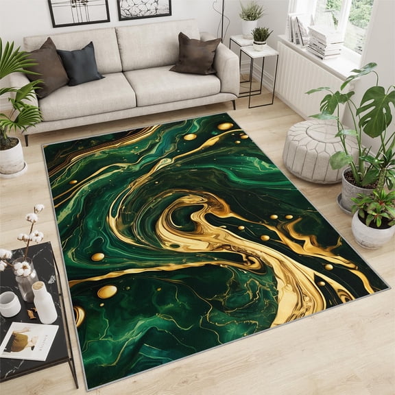 EverBrioly Emerald Green Area Rug - Abstract Gold Fluid Art Design for Living Room & Indoor Spaces - Non-Slip, Machine Washable, Breathable & Durable Carpet for Front Entrance Floor Decor 3' x 5'