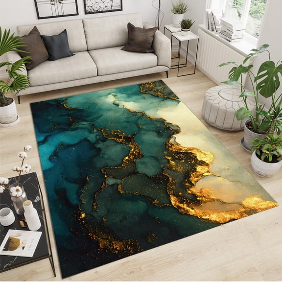 EverBrioly Emerald Green & Gold Marble Area Rug, Retro Abstract Light Luxury Design, Soft Washable Non-Slip Carpet for Bedroom, Living Room, Office, Dining Room 4' x 6'