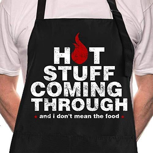 EverBrioly Funny BBQ Black Chef Apron for Men, “Hot Stuff Coming Through” Adjustable Cooking Apron with Pocket, Waterproof Oil-Resistant Kitchen Apron for Valentine’s Day or Birthday Gifts