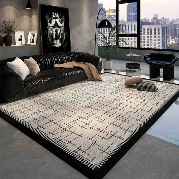 EverBrioly Large Modern Area Rug for Living Room Cream and Black Geometric Line Pattern Carpet, Soft Plush Non-Slip Floor Rug for Bedroom, Dining Room, Contemporary Home Decor