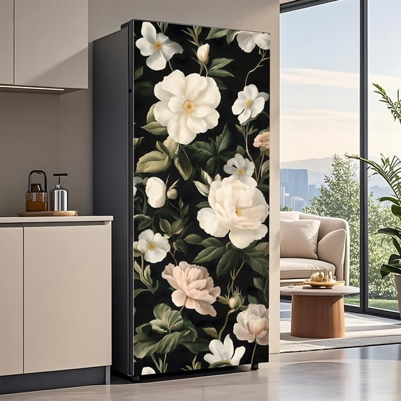 EverBrioly Modern Black Floral Refrigerator Wrap - Removable Peel & Stick Vinyl Fridge Door Mural, Waterproof Self-Adhesive Kitchen Decor Decal (32.3" x 78.7")