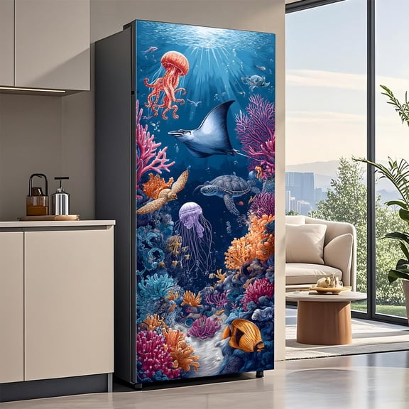 EverBrioly Ocean World Refrigerator Wrap, Peel and Stick Removable Vinyl Fridge Sticker with Underwater Design for Kitchen, Bar, or Office, 32.3 x 78.7 Inch