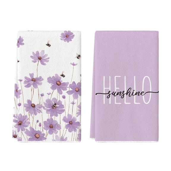 EverBrioly Purple Flowers Bee Hello Sunshine Summer Kitchen Towels, Decorative Dish Towels, 18 x 26 Inch Seasonal Hand Towels, Set of 2