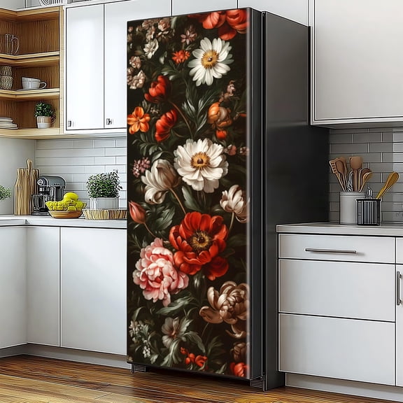 EverBrioly Vintage Floral Refrigerator Wrap, Peel and Stick Removable Vinyl Fridge Cover Decal, Self-Adhesive Waterproof Door Wallpaper, 32.3 x 78.7 Inch