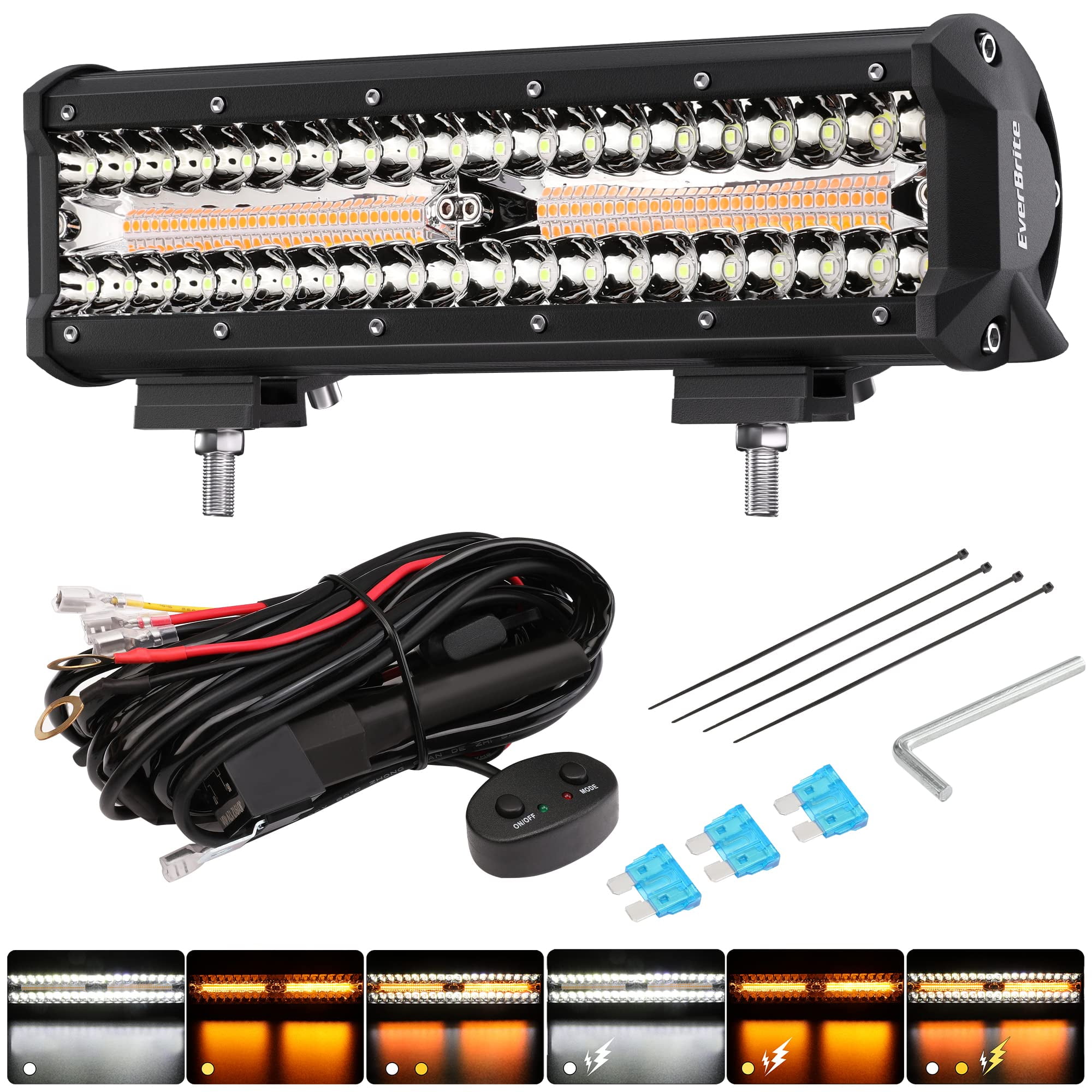 EverBrite 12 Inch 300W AIF4 Light Bar, Spot Flood White/Amber/Strobe 6