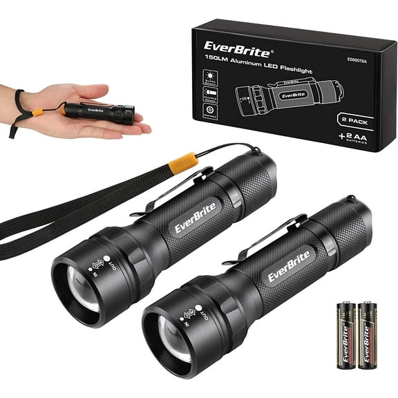 EverBrite 2-Pack 150 Lumens Super Small Mini LED Flashlight, Zoomable Flashlight with Lanyard&Clip, 2 AA Batteries Included
