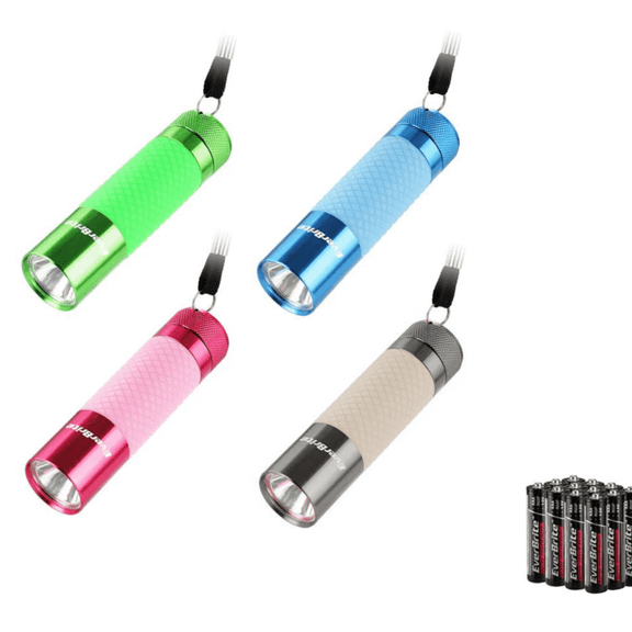 EverBrite 4-Pack Mini LED Flashlights, Glow-in-the-Dark Aluminum Flashlights with Assorted Colors, Compact Pocket Lights for Camping, Hiking and Home Use, 12 AAA Batteries Included