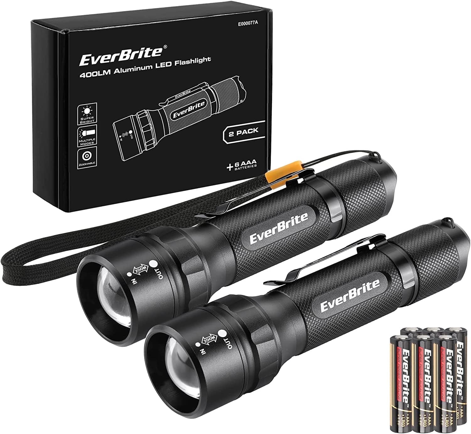 EverBrite 400 Lumens LED Flashlights 2-Pack, Zoomable Aluminum