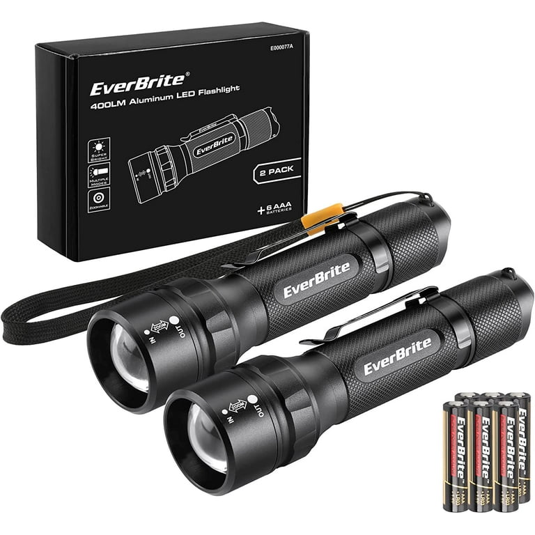EverBrite 400 Lumens Aluminum LED Flashlight, Zoomable Flashlight with  Lanyard&Clip, 4 Modes, IPX4 Waterproof, for Camping Hiking, Emergency, EDC,  Survival Use, AAA Batteries Included(2-Pack) 