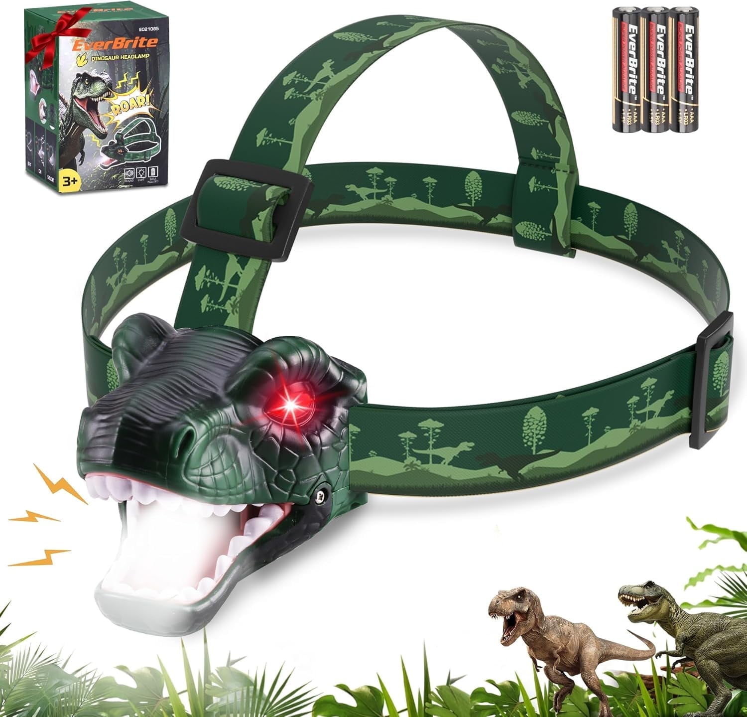 EverBrite Dinosaur LED Headlamp, T-Rex Kids Head Light with Roar and Silent Mode, Adjustable Headband, for Camping, Parties, Holidays, Batteries Included