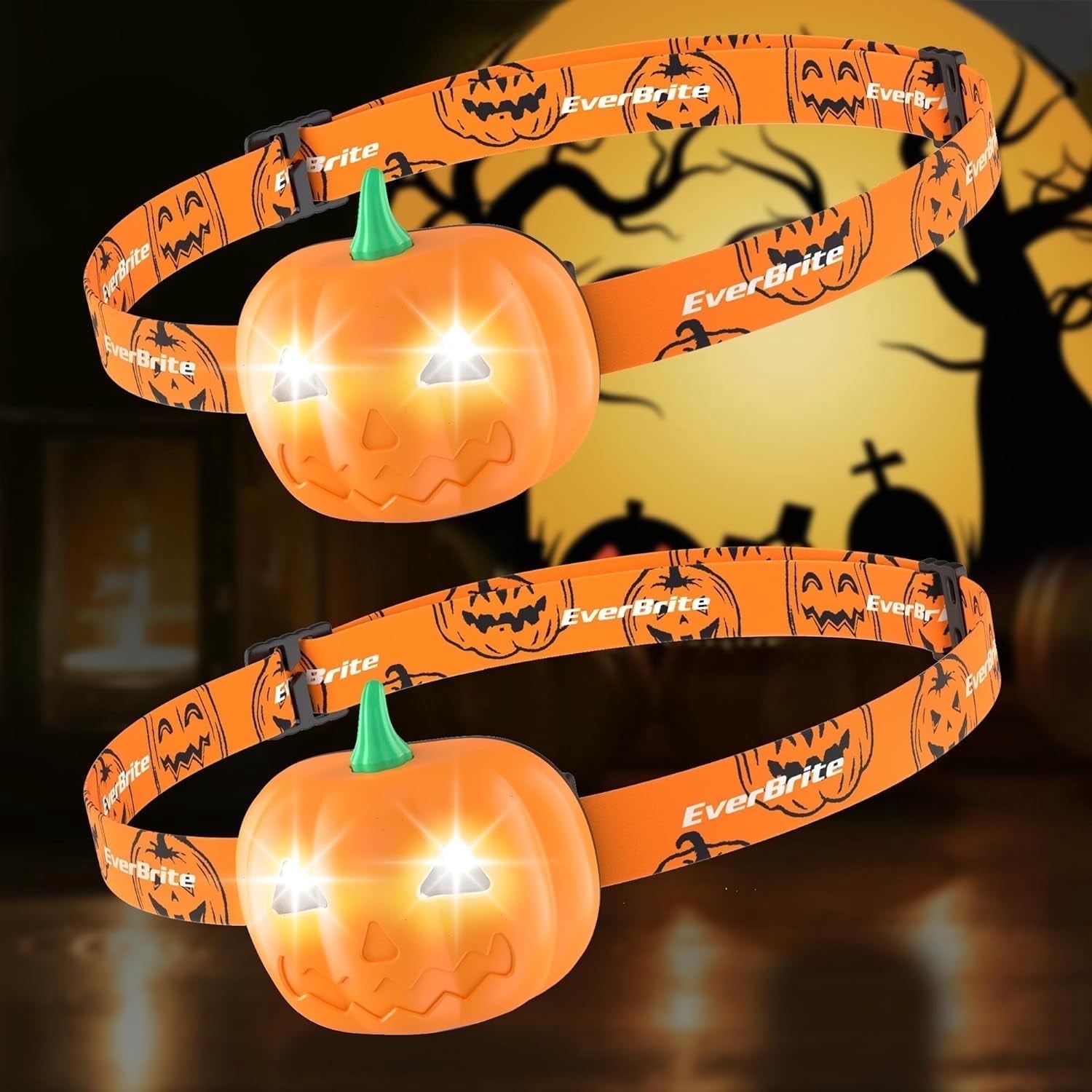 EverBrite Halloween Pumpkin Headlamp 2 Pack,2 Modes LED Head Lamp