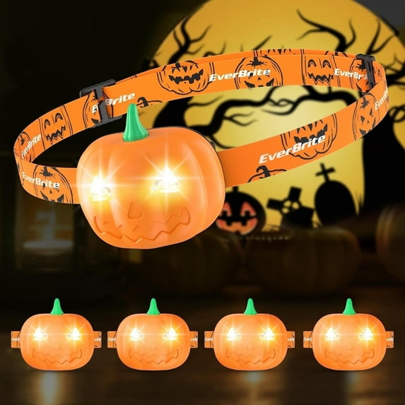 EverBrite Halloween Pumpkin Headlamp 5 Pack, 2 Modes LED Head Lamp Adjustable Headband, Pumpkin Lights Party Favors, Orange Spot & Strobe Lights Halloween Gifts