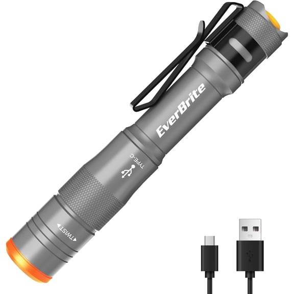 EverBrite Rechargeable Pen Light, 300 Lumens Mini Flashlight with USB-C Cable, 4 Modes, Pocket Clip for Inspection, Repair, Outdoor, Grey