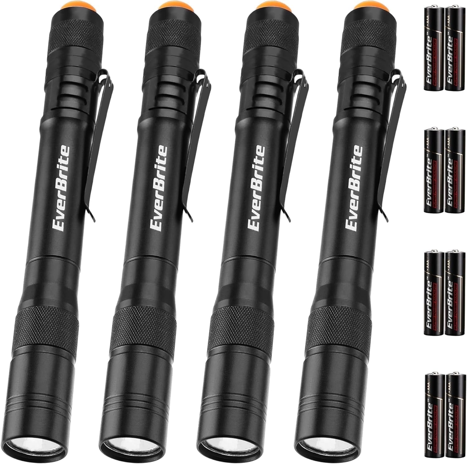EverBrite 4-Pack Pen Flashlights, 100 Lumen LED Pocket Lights with Clip, Batteries Included, Compact Aluminum Flashlight for Mechanic, Camping, Emergency, Black
