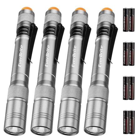 EverBrite 4-Pack Pen Flashlights, 100 Lumen LED Pocket Lights with Clip, Batteries Included, Compact Aluminum Flashlight for Mechanic, Camping, Emergency, Gray