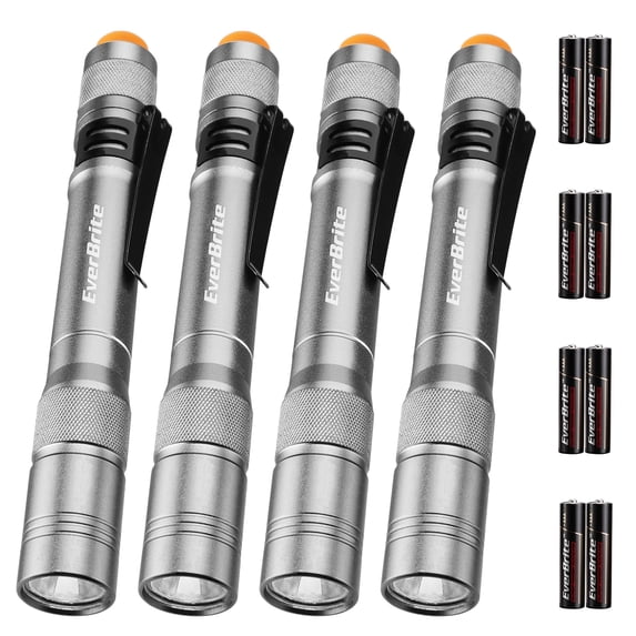 EverBrite 4-Pack Pen Flashlights, 100 Lumen LED Pocket Lights with Clip, Batteries Included, Compact Aluminum Flashlight for Mechanic, Camping, Emergency, Gray