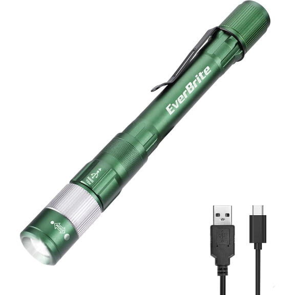 EverBrite Pen Light, Rechargeable Pen Flashlights, 300 Lumens Zoomable LED Small Flashlight with Clip, Memory Function, USB-C Cable Included, Pocket Size for Camping, Emergency, Mechanic, Green