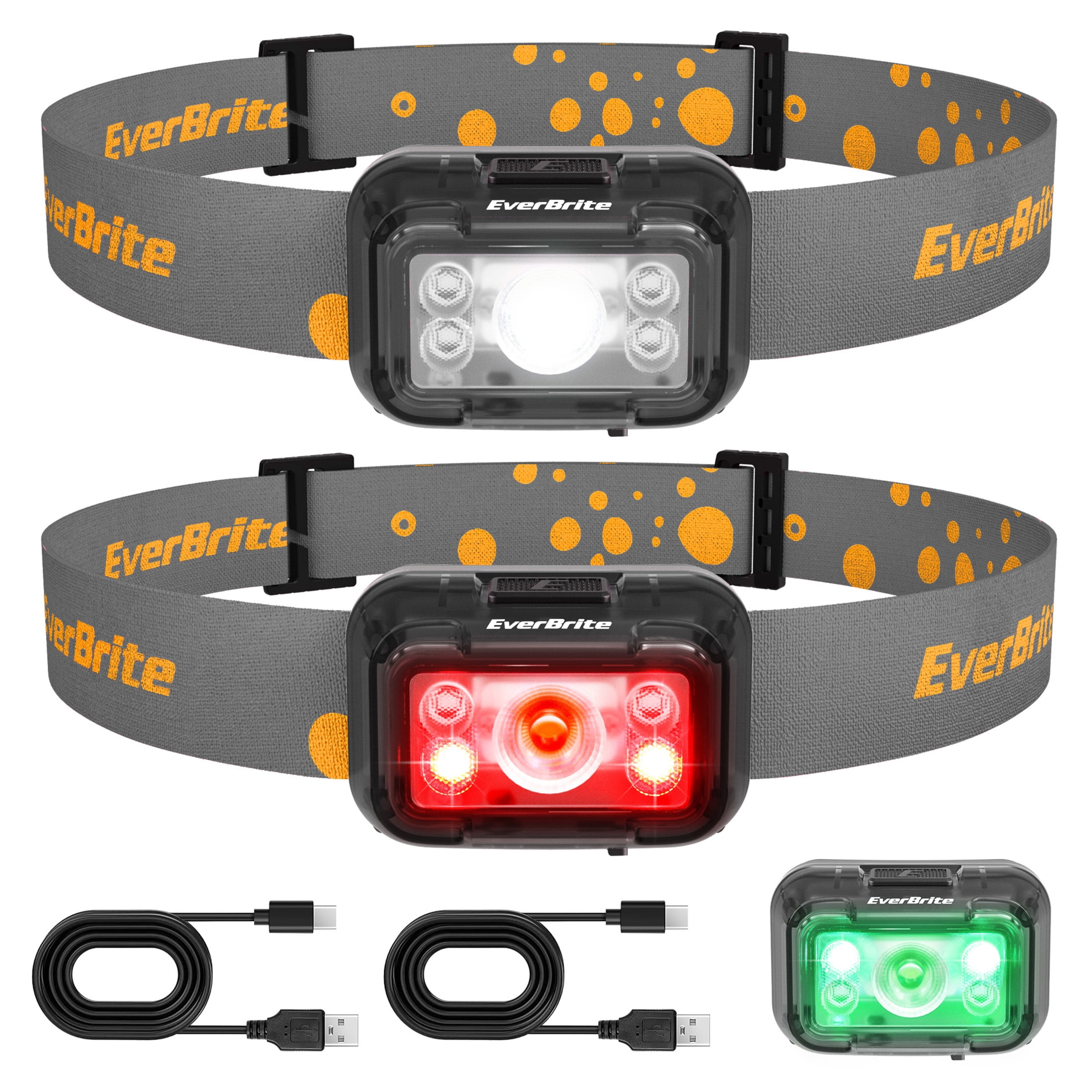 EverBrite Rechargeable LED Headlamp 2 Pack for Kids and Adults, 5 Modes with White Red Green Light, 120° Adjustable, Memory Function, Gray