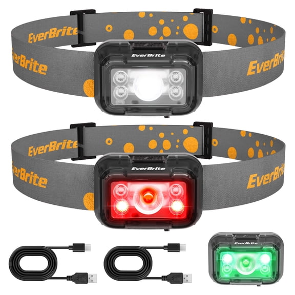 EverBrite Rechargeable LED Headlamp 2 Pack for Kids and Adults, 5 Modes with White Red Green Light, 120° Adjustable, Memory Function, Gray