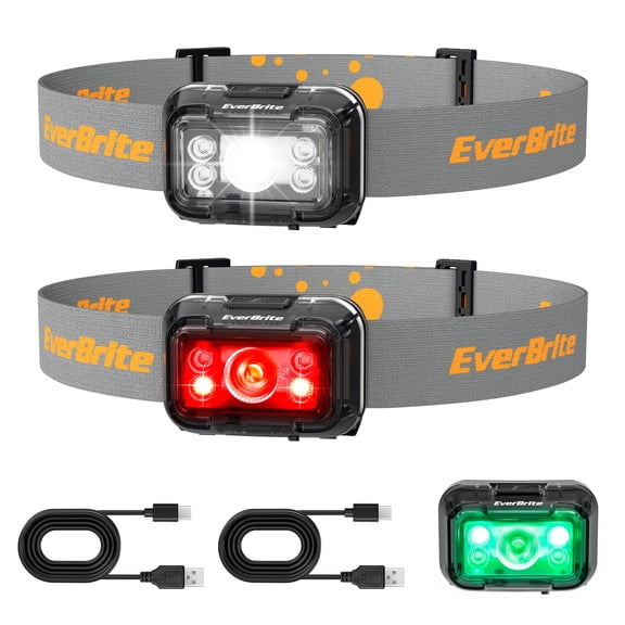 EverBrite Rechargeable LED Headlamp 2 Pack for Kids and Adults, 5 Modes with White Red Green Light, 120° Adjustable, Memory Function, Gray