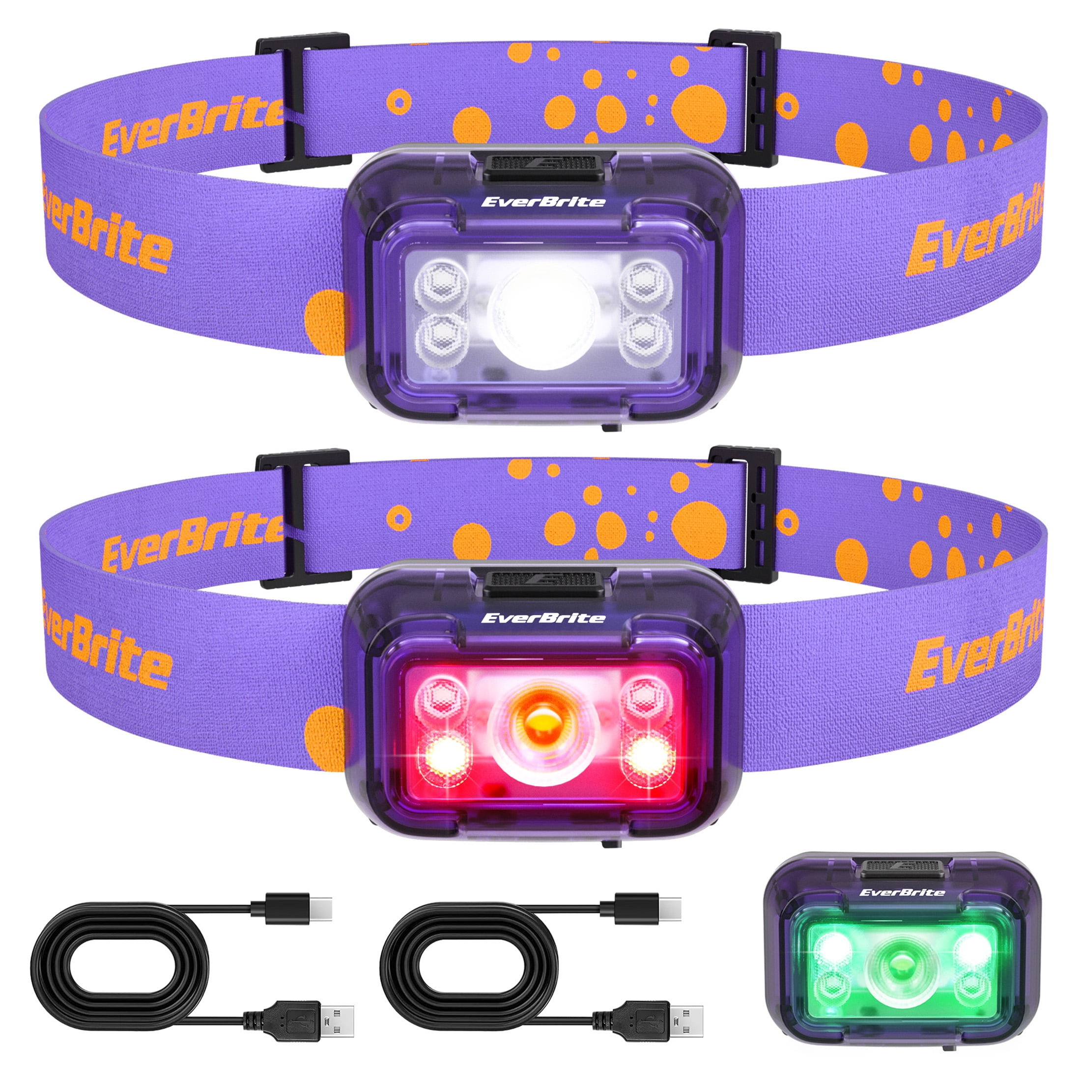 EverBrite Rechargeable LED Headlamp, 2 Pack for Kids and Adults, White Red Green Light, 5 Modes, 120° Adjustable, Memory Function, Purple
