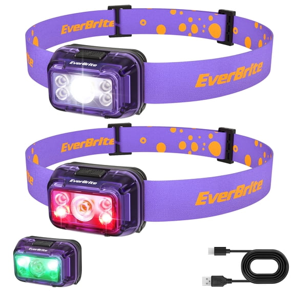 EverBrite Rechargeable LED Headlamp, 2 Pack for Kids and Adults, White Red Green Light, 5 Modes, 120° Adjustable, Memory Function, Purple
