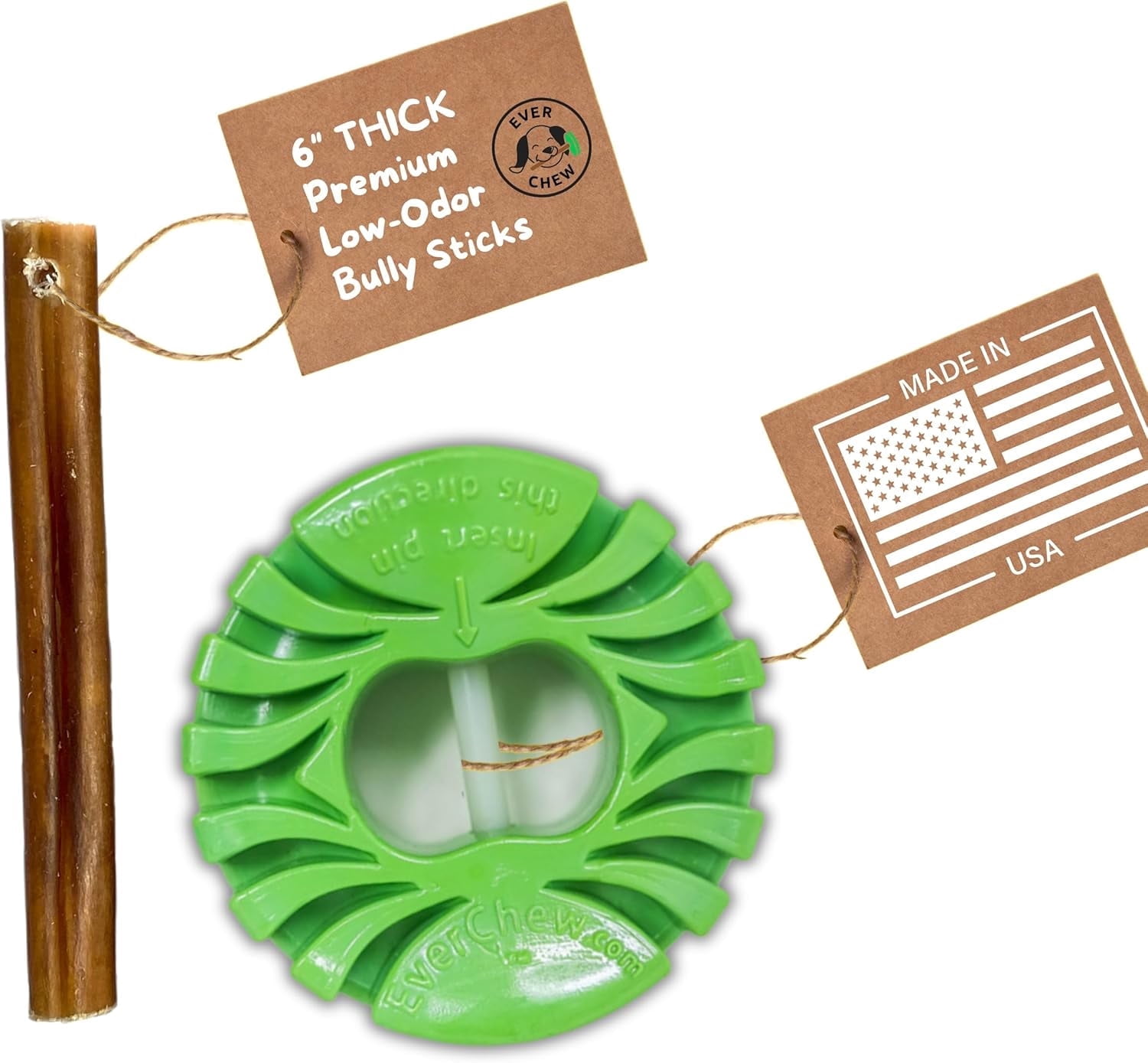 Anti-Choking Bully Stick Holder Medium Dogs & Small Power Chewers - USA Made Pin-Lock SafetyChew + Thick 6" Stick | Dogs 16-40 lbs 2-3x Longer