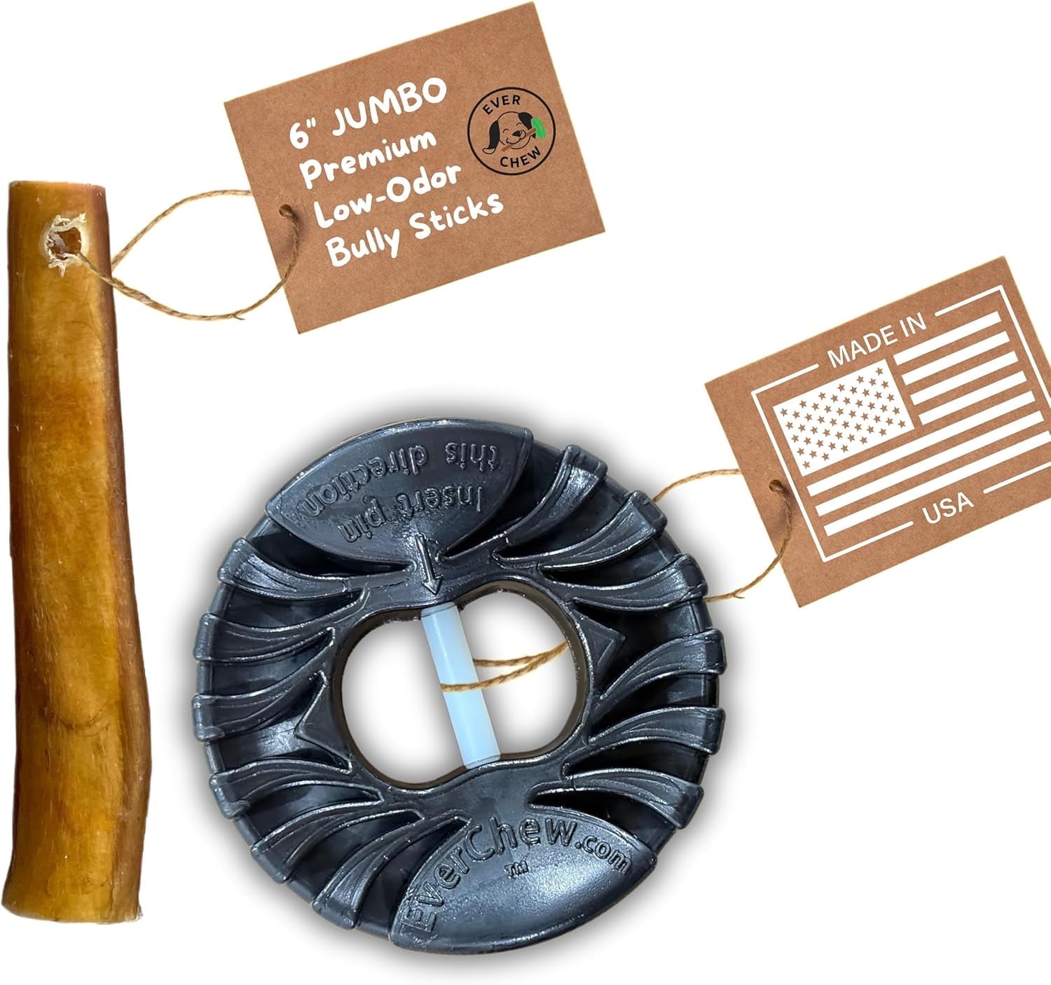 Anti-Choking Bully Stick Holder for Large Dogs 40+ lbs - USA Made Indestructible Pin-Lock SuperChew + Jumbo 6" Grass-Fed Stick | Labs, Shepherds