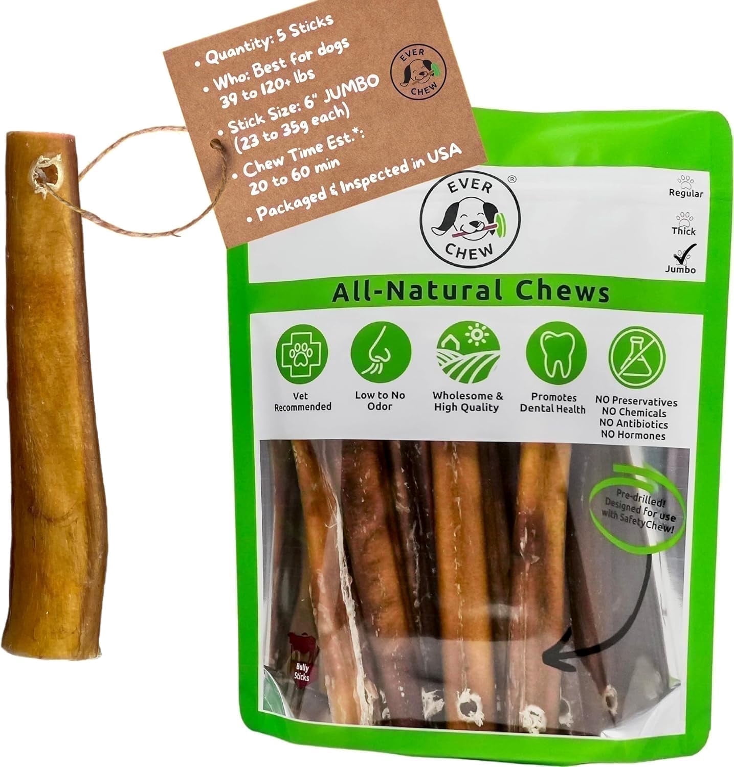 Jumbo Bully Sticks 5 Pack for Large Dogs 40+ lbs - Pre-Drilled 6" SuperChew Refills Low-Odor Grass-Fed | 3-4x Longer Lasting | Labs, Rottweilers