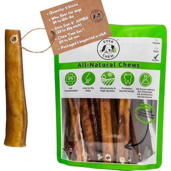 Jumbo Bully Sticks 5 Pack for Large Dogs 40+ lbs - Pre-Drilled 6" SuperChew Refills Low-Odor Grass-Fed | 3-4x Longer Lasting | Labs, Rottweilers