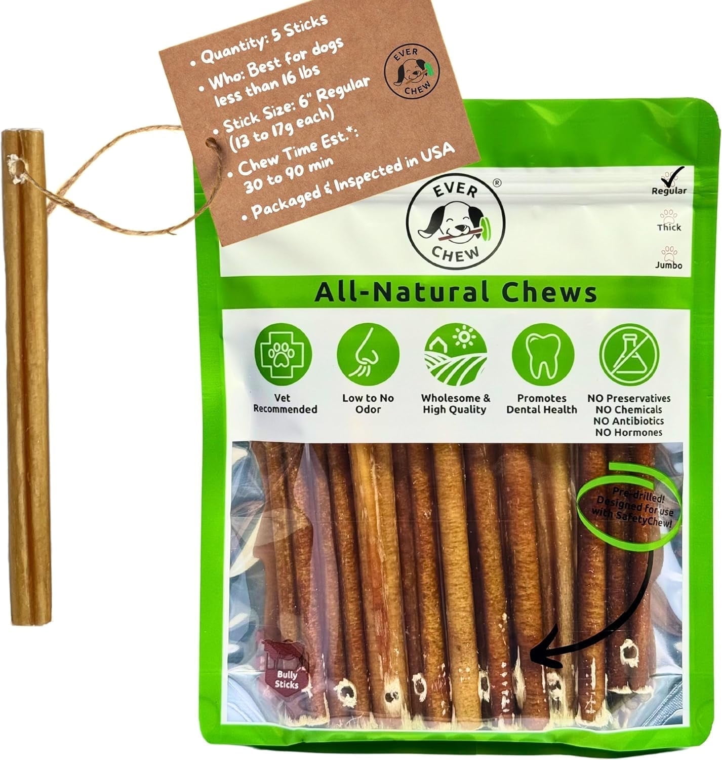 Pre-Drilled Bully Sticks 10 Pack Value - Regular 6" Low-Odor Refills for Small Dogs SafetyChew Holder | Prevents Choking Under 16 lbs Grass-Fed