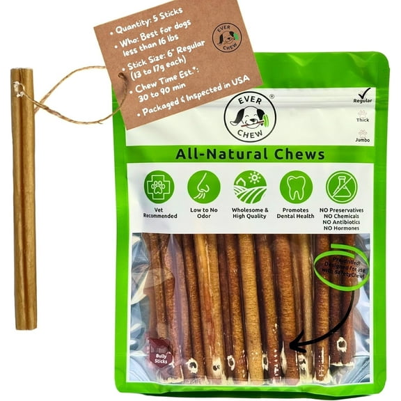 Pre-Drilled Bully Sticks for SafetyChew Holder Small Dogs - 5 Pack Regular 6" Low-Odor Grass-Fed Refills | Prevents Choking Under 16 lbs | USA