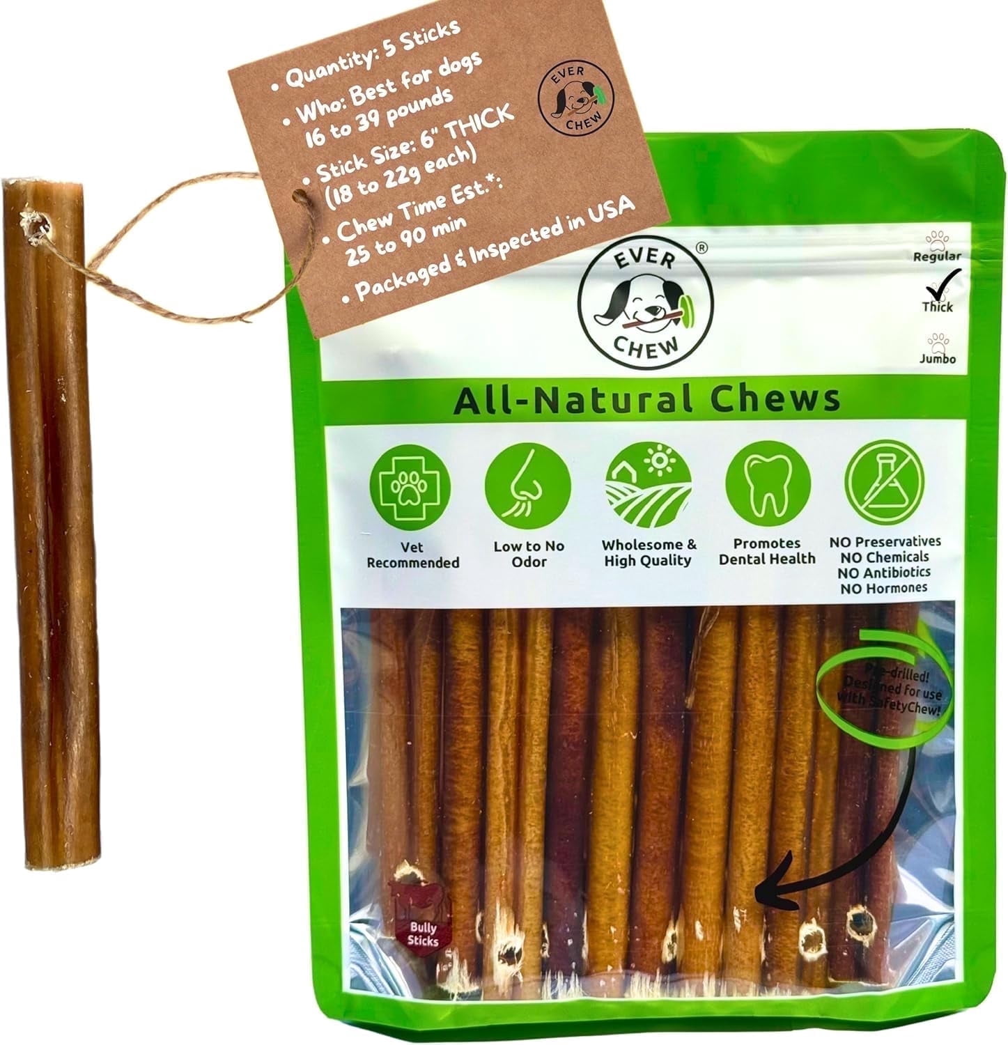Thick Bully Sticks 10 Pack for Power Chewers - Pre-Drilled 6" Refills 2-3x Longer Lasting Low-Odor Grass-Fed Bulk Value | Small-Medium Dogs USA