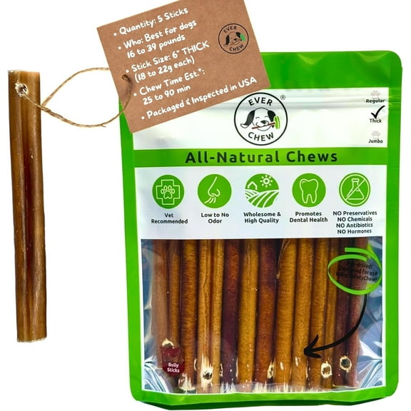 Thick Bully Sticks 5 Pack for Power Chewers - Pre-Drilled 6" Refills 2-3x Longer Lasting Low-Odor Grass-Fed | Small-Medium Dogs Under 40 lbs | USA