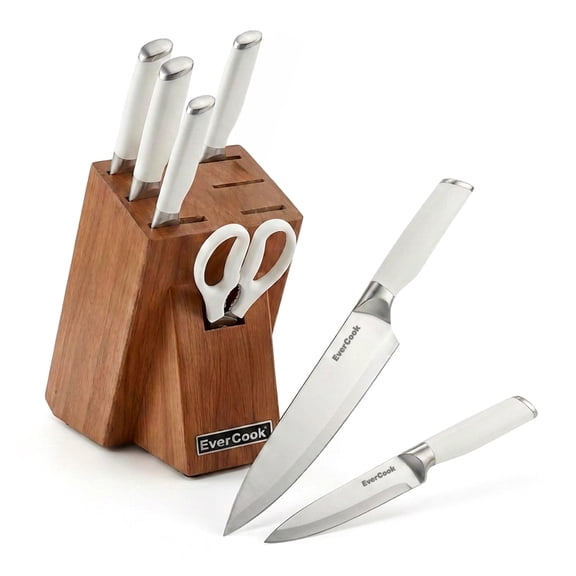 EverCook Wooden Kitchen Knife Set with Acacia Wood Block, 8-Piece, White Handle