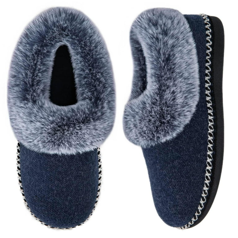 EverFoams Ladies Luxury Wool Memory Foam Slippers with Fluffy Faux Fur Collar and Indoor Outdoor Sole