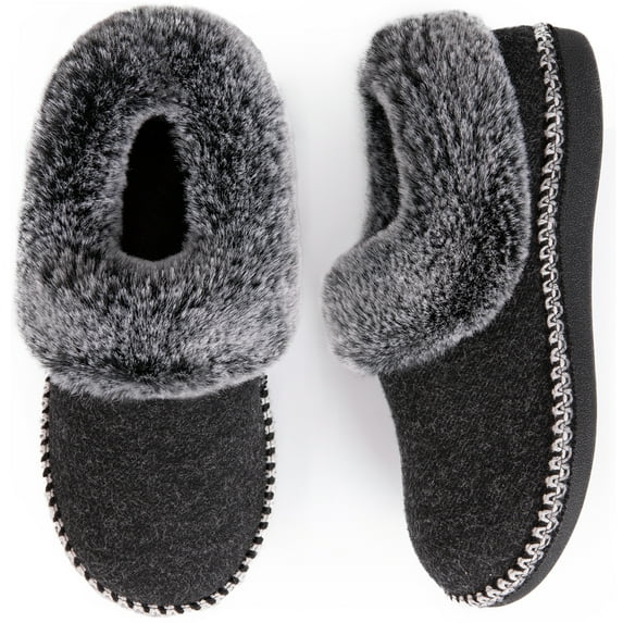 EverFoams Ladies' Luxury Wool Memory Foam Slippers with Fluffy Faux Fur Collar and Indoor Outdoor Sole