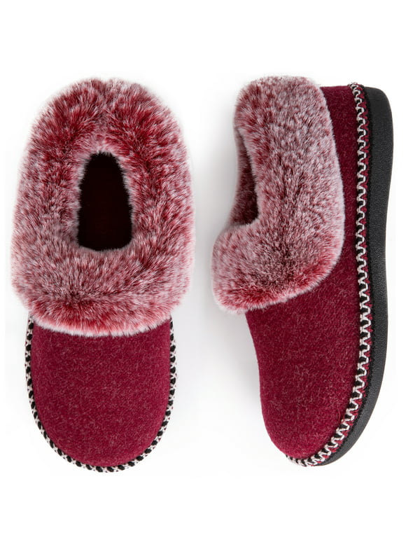 EverFoams Ladies' Luxury Wool Memory Foam Slippers with Fluffy Faux Fur Collar and Indoor Outdoor Sole