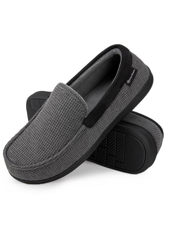 Men's Comfort Memory Foam Moccasin Slippers Breathable Terry Cloth House Shoes with Anti-Skid Rubber Sole