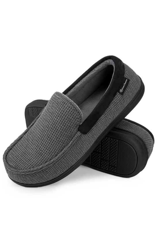Men's Comfort Memory Foam Moccasin Slippers Breathable Terry Cloth House Shoes with Anti-Skid Rubber Sole